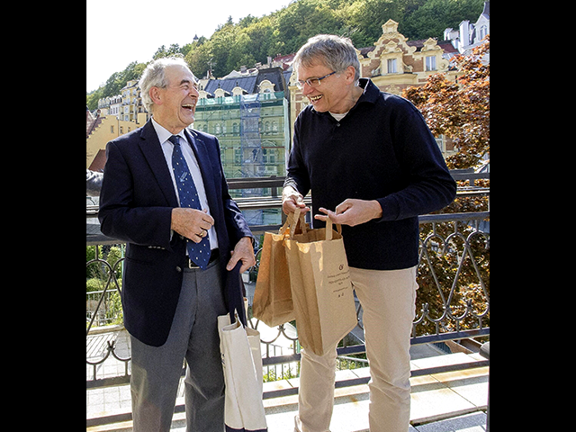 Tom Hersant and Karlovy Vary artist Jan Samec share a lighter moment.